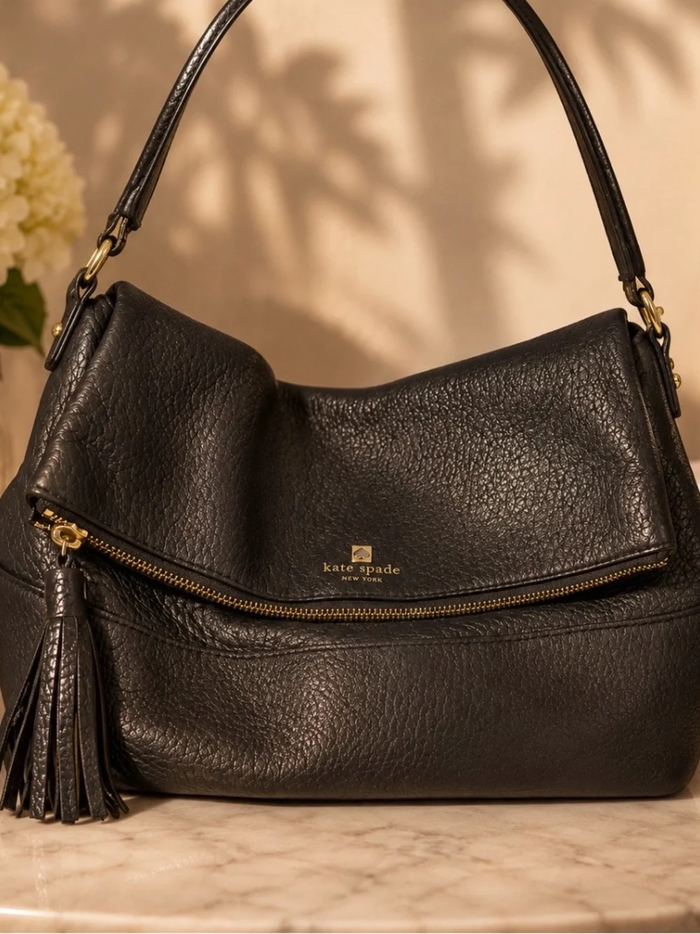 kate spade Maria Black Leather Hobo Bag with Tassel
